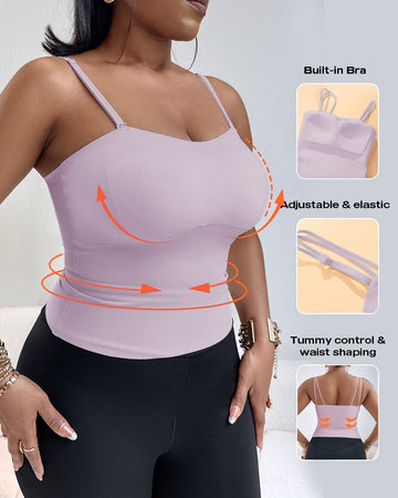 Spaghetti Strap Built in Bra Slim Fit Tank Top Sexy Back Criss Cross Workout Camisole Tops